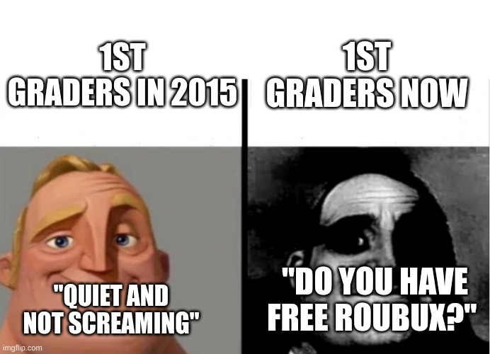 prove me wrong | 1ST GRADERS NOW; 1ST GRADERS IN 2015; "DO YOU HAVE FREE ROUBUX?"; "QUIET AND NOT SCREAMING" | image tagged in teacher's copy,relatable,change my mind | made w/ Imgflip meme maker