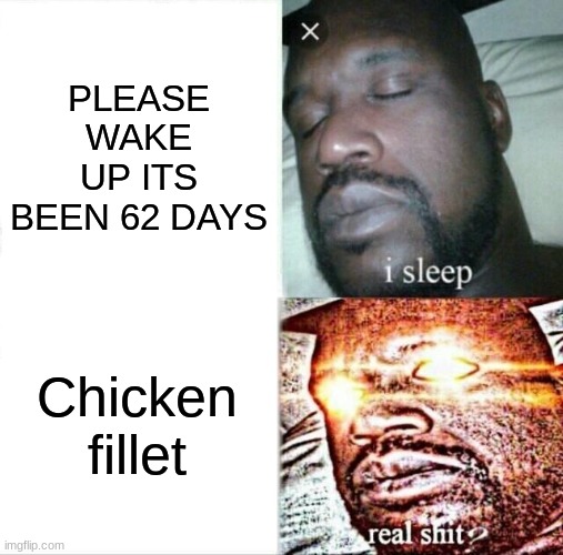 True story, a guy in taiwan woke up after 62 days after hearing the word chicken fillet |  PLEASE WAKE UP ITS BEEN 62 DAYS; Chicken fillet | image tagged in memes,sleeping shaq | made w/ Imgflip meme maker