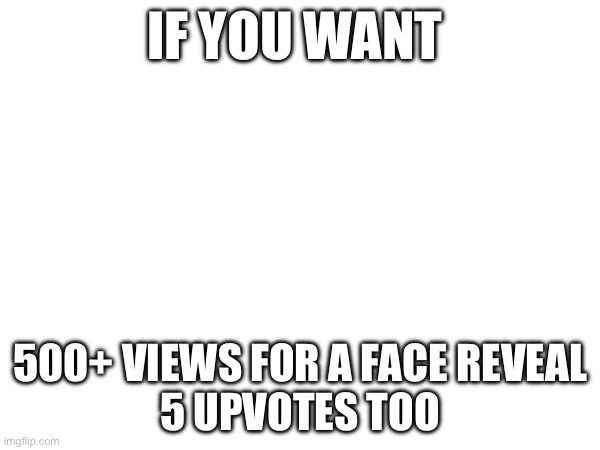 IF YOU WANT; 500+ VIEWS FOR A FACE REVEAL
5 UPVOTES TOO | image tagged in face,face reveal | made w/ Imgflip meme maker