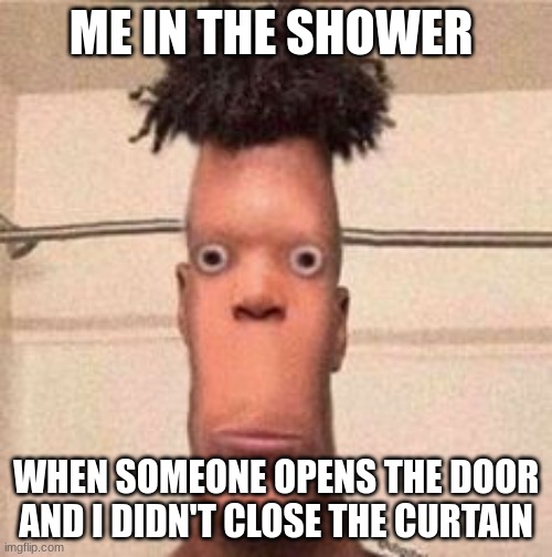Shower blues | ME IN THE SHOWER; WHEN SOMEONE OPENS THE DOOR AND I DIDN'T CLOSE THE CURTAIN | image tagged in funny memes | made w/ Imgflip meme maker