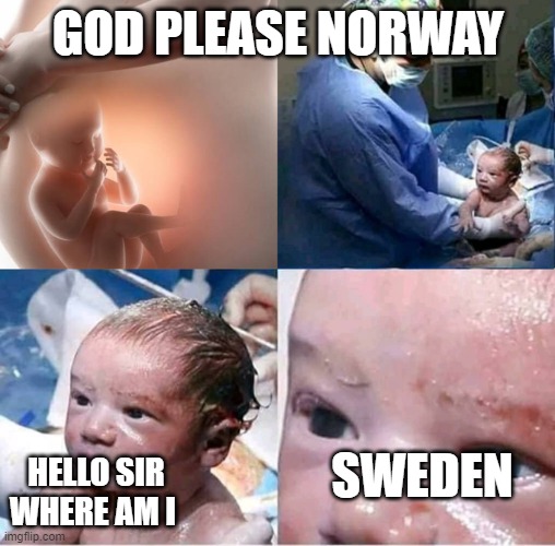 God, Please Norway | GOD PLEASE NORWAY; HELLO SIR WHERE AM I; SWEDEN | image tagged in god please norway | made w/ Imgflip meme maker