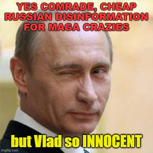 Putin Winking | YES COMRADE, CHEAP RUSSIAN DISINFORMATION FOR MAGA CRAZIES but Vlad so INNOCENT | image tagged in putin winking | made w/ Imgflip meme maker