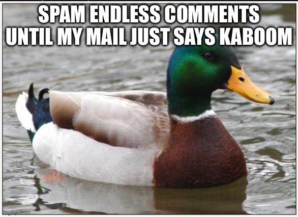 Actual Advice Mallard | SPAM ENDLESS COMMENTS UNTIL MY MAIL JUST SAYS KABOOM | image tagged in memes,actual advice mallard | made w/ Imgflip meme maker