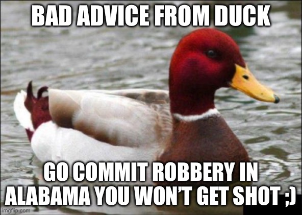 Malicious Advice Mallard | BAD ADVICE FROM DUCK; GO COMMIT ROBBERY IN ALABAMA YOU WON’T GET SHOT ;) | image tagged in memes,malicious advice mallard | made w/ Imgflip meme maker