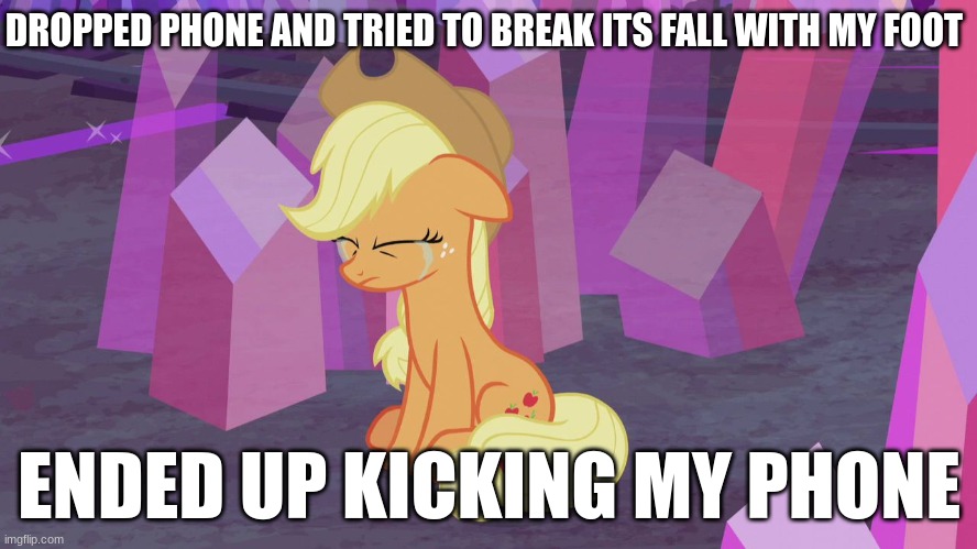 Applejack actually kicked it with her hoof? | DROPPED PHONE AND TRIED TO BREAK ITS FALL WITH MY FOOT; ENDED UP KICKING MY PHONE | image tagged in first world problem applejack | made w/ Imgflip meme maker
