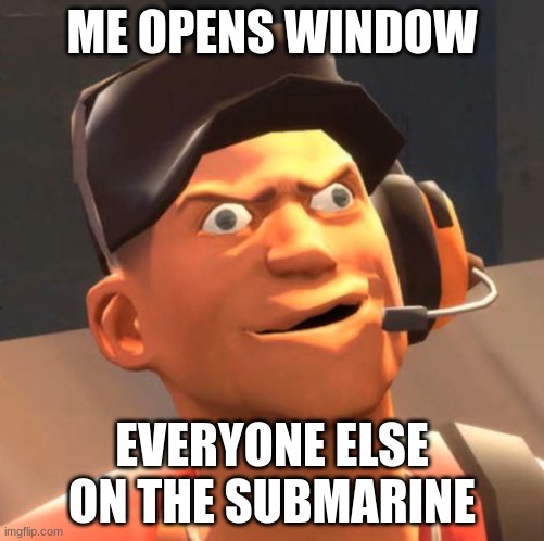 My Computer's graphics | ME OPENS WINDOW; EVERYONE ELSE ON THE SUBMARINE | image tagged in tf2 scout | made w/ Imgflip meme maker