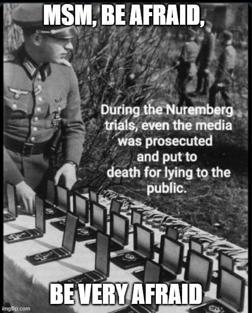 MSM, Coming Soon. Nuremberg 2.0 | MSM, BE AFRAID, BE VERY AFRAID | image tagged in msm coming soon nuremberg 2 0 | made w/ Imgflip meme maker