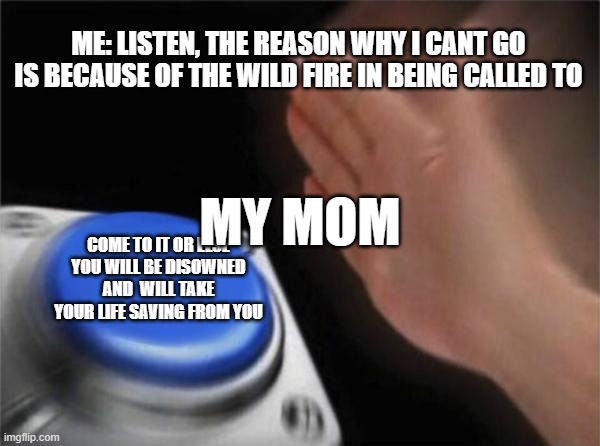 Blank Nut Button | ME: LISTEN, THE REASON WHY I CANT GO IS BECAUSE OF THE WILD FIRE IN BEING CALLED TO; MY MOM; COME TO IT OR ELSE YOU WILL BE DISOWNED AND  WILL TAKE YOUR LIFE SAVING FROM YOU | image tagged in memes,blank nut button | made w/ Imgflip meme maker