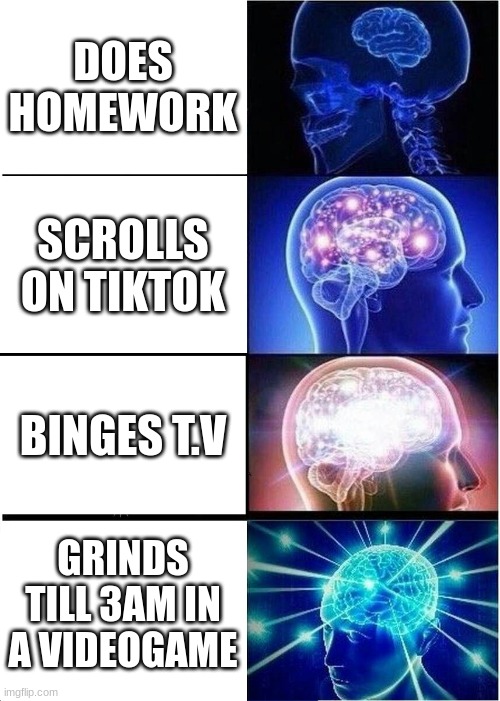 You know who your are me no-lifes | DOES HOMEWORK; SCROLLS ON TIKTOK; BINGES T.V; GRINDS TILL 3AM IN A VIDEOGAME | image tagged in memes,expanding brain | made w/ Imgflip meme maker