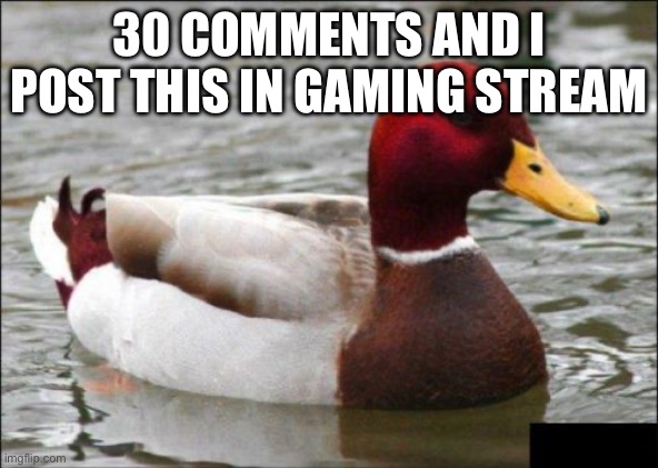 Malicious Advice Mallard | 30 COMMENTS AND I POST THIS IN GAMING STREAM | image tagged in memes,malicious advice mallard | made w/ Imgflip meme maker
