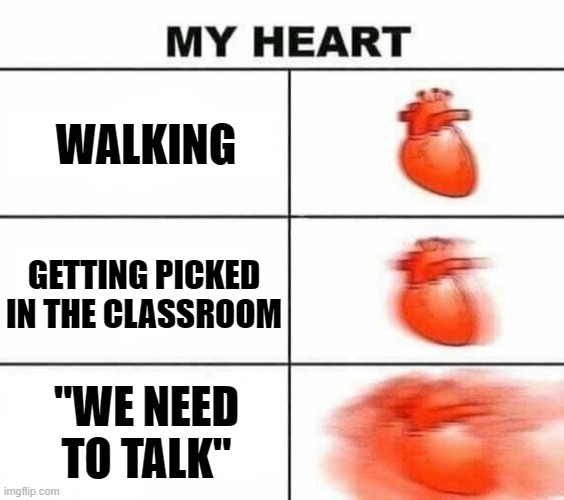 Why am im shaking | WALKING; GETTING PICKED IN THE CLASSROOM; "WE NEED TO TALK" | image tagged in my heart blank | made w/ Imgflip meme maker