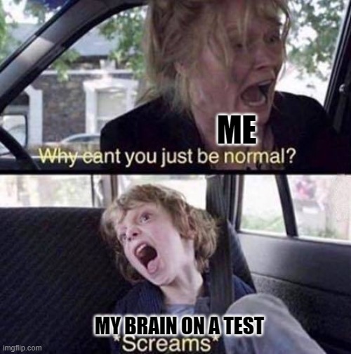 I HATE THIS SOOO MUCH | ME; MY BRAIN ON A TEST | image tagged in why can't you just be normal | made w/ Imgflip meme maker