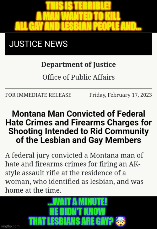 Did I miss something or is it true that I'm the USA lesbians can't be gay? | THIS IS TERRIBLE!
A MAN WANTED TO KILL
ALL GAY AND LESBIAN PEOPLE AND... ...WAIT A MINUTE!
HE DIDN'T KNOW
THAT LESBIANS ARE GAY? 🤯 | image tagged in lesbians,homophobic,homosexuality,gay rights,education,gun control | made w/ Imgflip meme maker