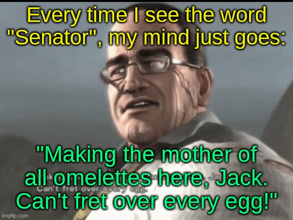 Every time I see the word "Senator", my mind just goes:; "Making the mother of all omelettes here, Jack. Can't fret over every egg!" | made w/ Imgflip meme maker