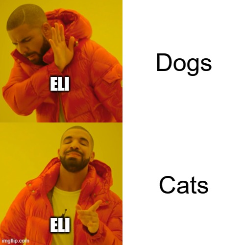Drake Hotline Bling | Dogs; ELI; Cats; ELI | image tagged in memes,drake hotline bling | made w/ Imgflip meme maker