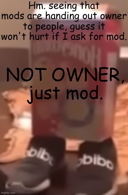 Can I? It's ok if you say no | Hm. seeing that mods are handing out owner to people, guess it won't hurt if I ask for mod. NOT OWNER, just mod. | image tagged in homie cereal wid da drippin | made w/ Imgflip meme maker
