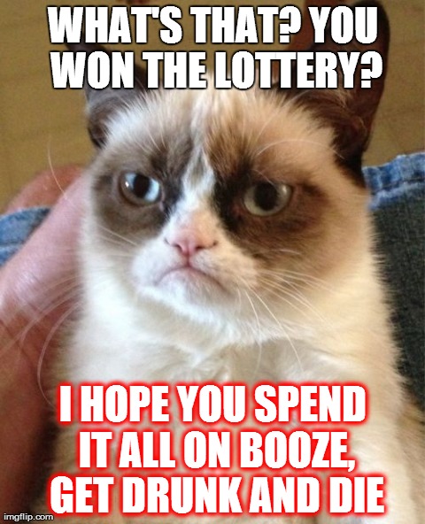 What I'm thinking when I get jealous of the winners... | WHAT'S THAT? YOU WON THE LOTTERY? I HOPE YOU SPEND IT ALL ON BOOZE, GET DRUNK AND DIE | image tagged in memes,grumpy cat | made w/ Imgflip meme maker