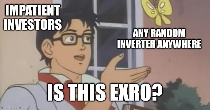 Is This a Pigeon | IMPATIENT INVESTORS; ANY RANDOM INVERTER ANYWHERE; IS THIS EXRO? | image tagged in is this a pigeon | made w/ Imgflip meme maker