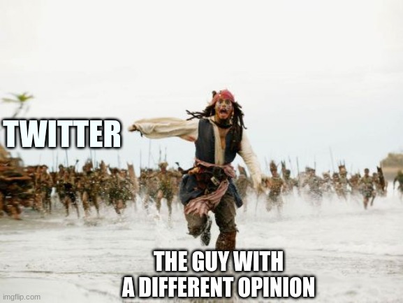 Run Boi Ruuun | TWITTER; THE GUY WITH A DIFFERENT OPINION | image tagged in memes,funny,twitter,jack sparrow being chased,pirates of the caribbean | made w/ Imgflip meme maker