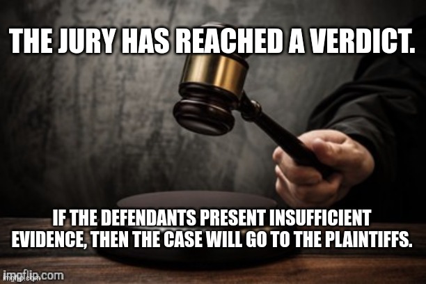 Court | THE JURY HAS REACHED A VERDICT. IF THE DEFENDANTS PRESENT INSUFFICIENT EVIDENCE, THEN THE CASE WILL GO TO THE PLAINTIFFS. | image tagged in court | made w/ Imgflip meme maker