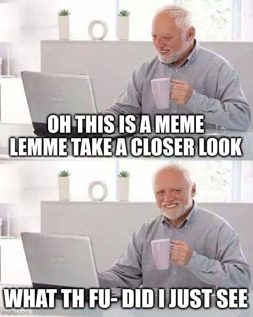 Hide the Pain Harold Meme | OH THIS IS A MEME LEMME TAKE A CLOSER LOOK WHAT TH FU- DID I JUST SEE | image tagged in memes,hide the pain harold | made w/ Imgflip meme maker
