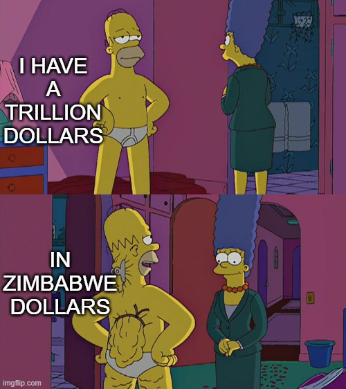 Homer Simpson's Back Fat |  I HAVE A TRILLION DOLLARS; IN ZIMBABWE DOLLARS | image tagged in homer simpson's back fat,memes,zimbabwe,dollars,trillion dollars,inflation | made w/ Imgflip meme maker