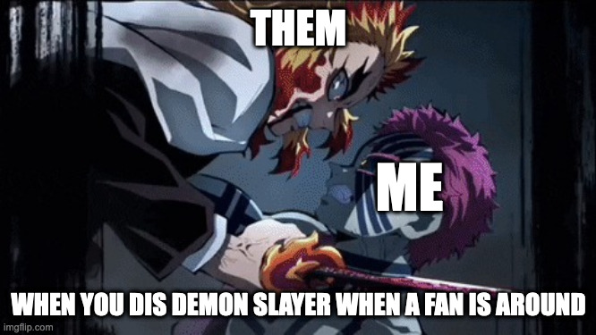 Rengoku vs Akaza | THEM; ME; WHEN YOU DIS DEMON SLAYER WHEN A FAN IS AROUND | image tagged in rengoku vs akaza | made w/ Imgflip meme maker