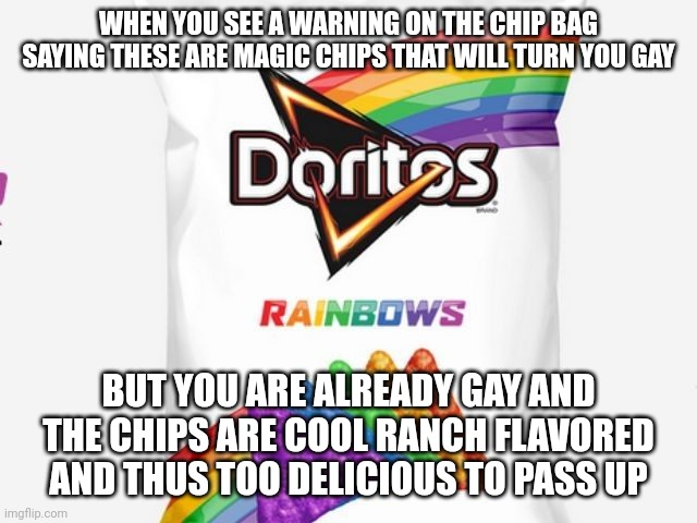 They're cool ranch flavored and plus I'm already not straight | WHEN YOU SEE A WARNING ON THE CHIP BAG SAYING THESE ARE MAGIC CHIPS THAT WILL TURN YOU GAY; BUT YOU ARE ALREADY GAY AND THE CHIPS ARE COOL RANCH FLAVORED AND THUS TOO DELICIOUS TO PASS UP | image tagged in doritos new bag | made w/ Imgflip meme maker