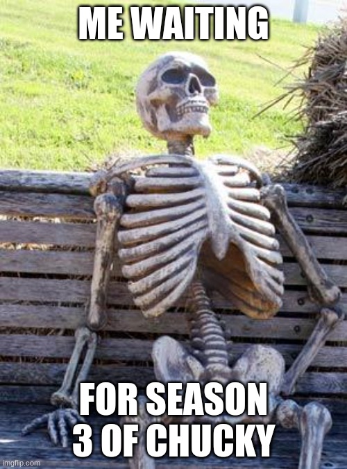 Waiting Skeleton | ME WAITING; FOR SEASON 3 OF CHUCKY | image tagged in memes,waiting skeleton | made w/ Imgflip meme maker