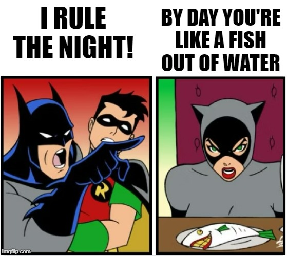 Batman Yelling at Cat | I RULE THE NIGHT! BY DAY YOU'RE
LIKE A FISH
OUT OF WATER | image tagged in batman,catwoman,woman yelling at cat,superheroes,batman slapping robin | made w/ Imgflip meme maker