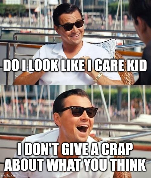 I Don't care kid | DO I LOOK LIKE I CARE KID; I DON'T GIVE A CRAP ABOUT WHAT YOU THINK | image tagged in memes,leonardo dicaprio wolf of wall street | made w/ Imgflip meme maker