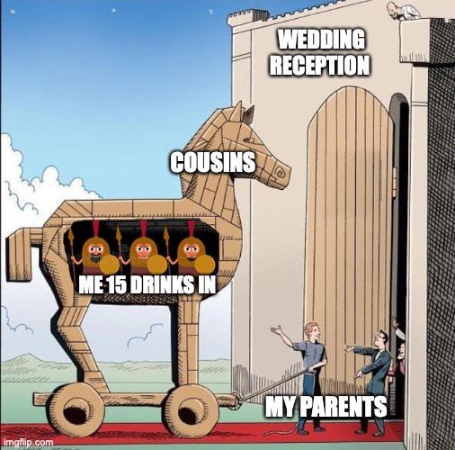 Trojan Horse | WEDDING RECEPTION; COUSINS; ME 15 DRINKS IN; MY PARENTS | image tagged in trojan horse | made w/ Imgflip meme maker