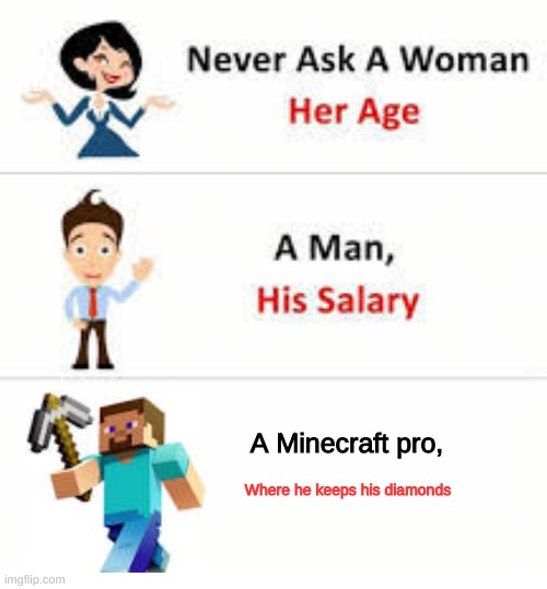 he will kill you | A Minecraft pro, Where he keeps his diamonds | image tagged in never ask a woman her age | made w/ Imgflip meme maker