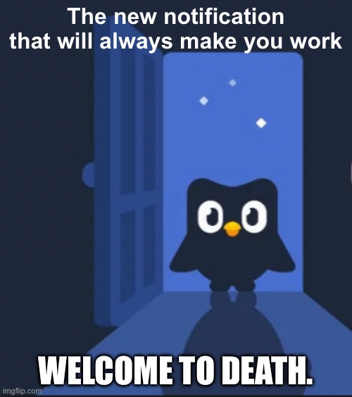 Duolingo bird | The new notification that will always make you work; WELCOME TO DEATH. | image tagged in duolingo bird | made w/ Imgflip meme maker