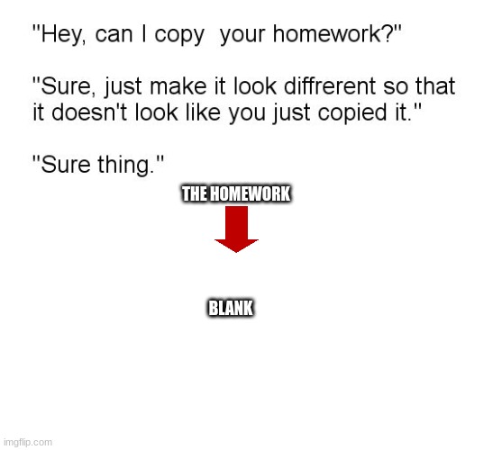 blank | THE HOMEWORK; BLANK | image tagged in hey can i copy your homework | made w/ Imgflip meme maker