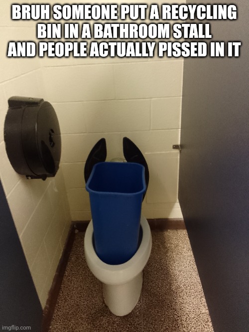 This is my photo and its something that happened at our school | BRUH SOMEONE PUT A RECYCLING BIN IN A BATHROOM STALL AND PEOPLE ACTUALLY PISSED IN IT | image tagged in bathroom | made w/ Imgflip meme maker