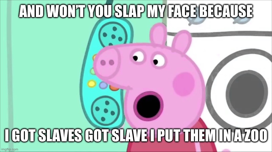 Pepa pig | AND WON’T YOU SLAP MY FACE BECAUSE; I GOT SLAVES GOT SLAVE I PUT THEM IN A ZOO | image tagged in pepa pig | made w/ Imgflip meme maker