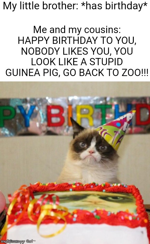 Literally happened today. My brother is now 11, but he STILL acts like stupid 10 year old. | My little brother: *has birthday*; Me and my cousins: HAPPY BIRTHDAY TO YOU, NOBODY LIKES YOU, YOU LOOK LIKE A STUPID GUINEA PIG, GO BACK TO ZOO!!! | image tagged in memes,grumpy cat birthday,grumpy cat | made w/ Imgflip meme maker