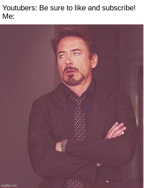 Stop it. Just... Stop. | Youtubers: Be sure to like and subscribe!
Me: | image tagged in memes,funny,relatable,face you make robert downey jr,youtube,youtubers | made w/ Imgflip meme maker