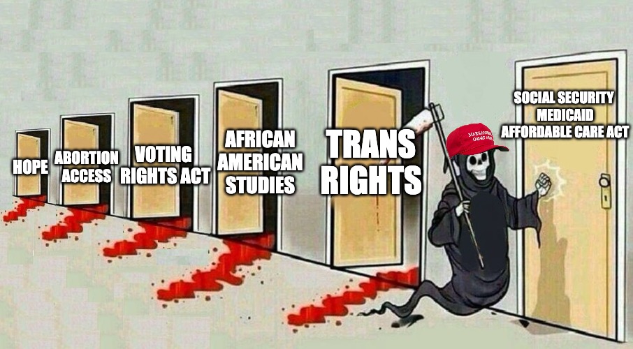 Next. | SOCIAL SECURITY 

MEDICAID

AFFORDABLE CARE ACT; AFRICAN AMERICAN STUDIES; TRANS RIGHTS; ABORTION ACCESS; VOTING 
RIGHTS ACT; HOPE | image tagged in grim reaper knocking door,maga,transgender,abortion,crazy,gop | made w/ Imgflip meme maker