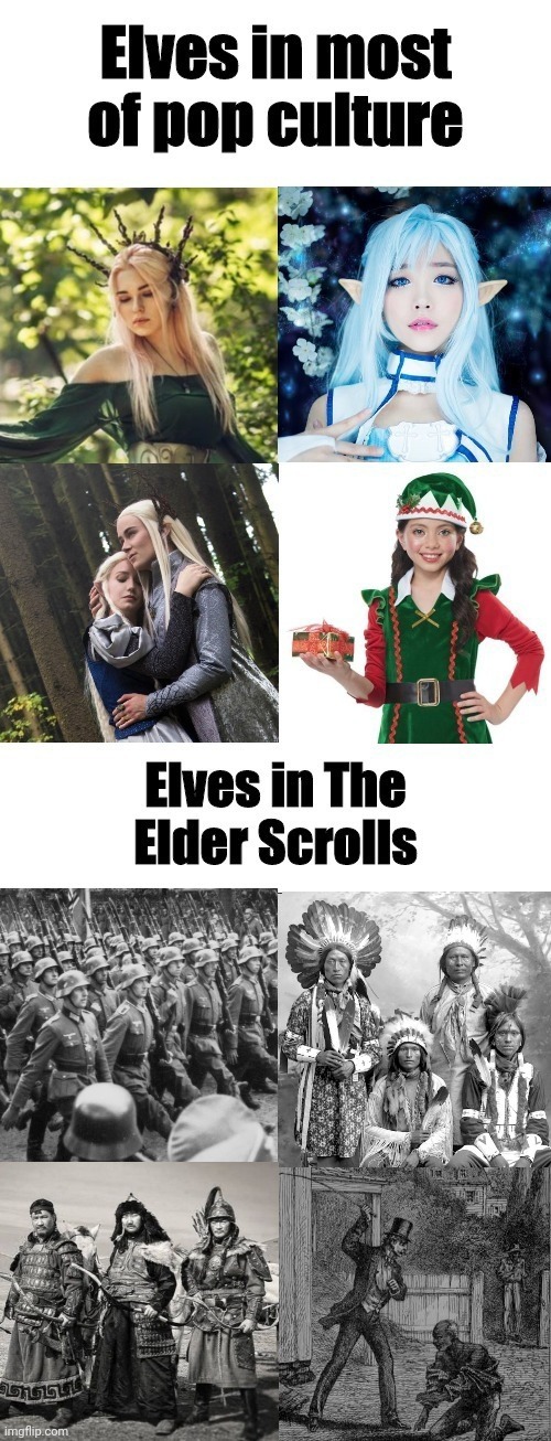 Elves in Pop Culture vs Elves in The Elder Scrolls | image tagged in elf,elves,pop culture,the elder scrolls | made w/ Imgflip meme maker