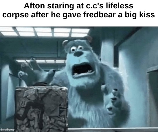 Sully finds the cube | Afton staring at c.c's lifeless corpse after he gave fredbear a big kiss | image tagged in sully finds the cube,fnaf,william afton | made w/ Imgflip meme maker