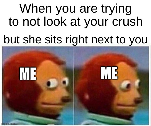 What is the thing in the meme? | When you are trying to not look at your crush; but she sits right next to you; ME; ME | image tagged in memes,monkey puppet | made w/ Imgflip meme maker