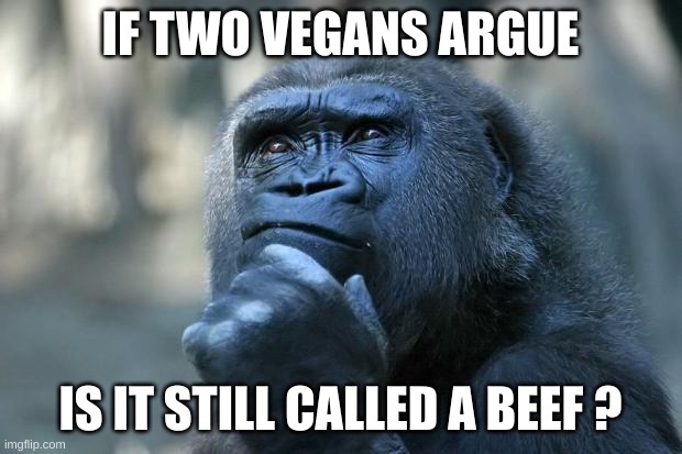 Hmm | IF TWO VEGANS ARGUE; IS IT STILL CALLED A BEEF ? | image tagged in deep thoughts | made w/ Imgflip meme maker