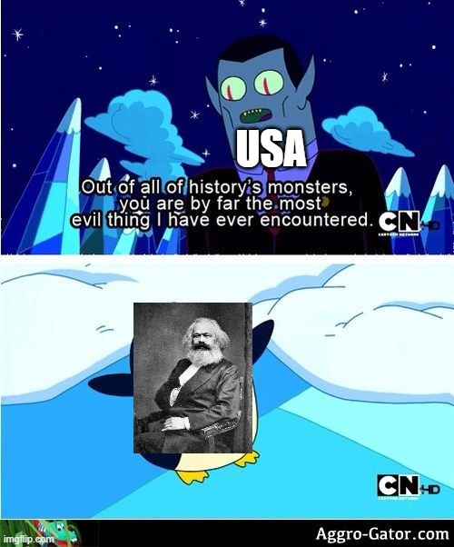 Person who invented communism | USA | image tagged in adventure time evil | made w/ Imgflip meme maker