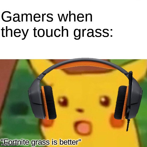 That grass be grass | Gamers when they touch grass:; "Fortnite grass is better" | image tagged in gaming,grass,surprised pikachu,fortnite,4k,memes | made w/ Imgflip meme maker
