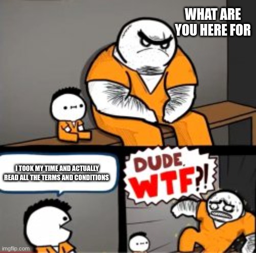 the worst crime ever | WHAT ARE YOU HERE FOR; I TOOK MY TIME AND ACTUALLY READ ALL THE TERMS AND CONDITIONS | image tagged in what are you in here for | made w/ Imgflip meme maker