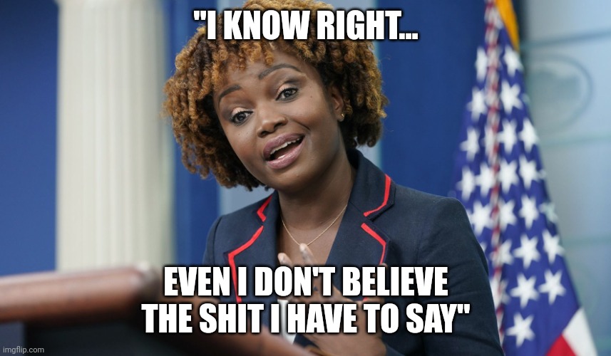 Quits her job by june...... | "I KNOW RIGHT... EVEN I DON'T BELIEVE THE SHIT I HAVE TO SAY" | image tagged in karine | made w/ Imgflip meme maker