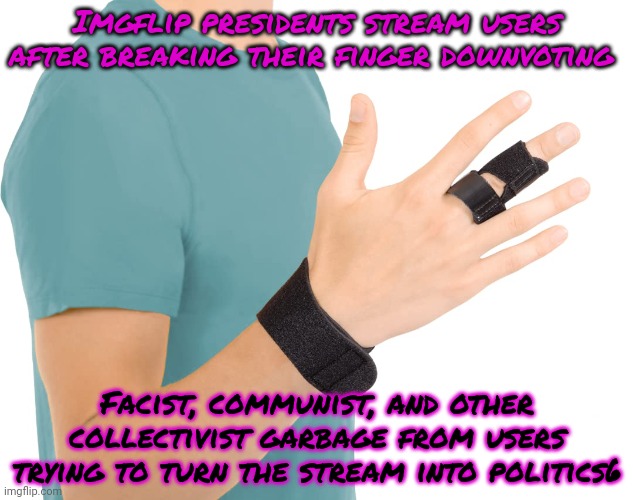 Ouch. | Imgflip presidents stream users after breaking their finger downvoting; Facist, communist, and other collectivist garbage from users trying to turn the stream into politics6 | image tagged in this is your fault willie,broken,middle finger,stop it get some help | made w/ Imgflip meme maker