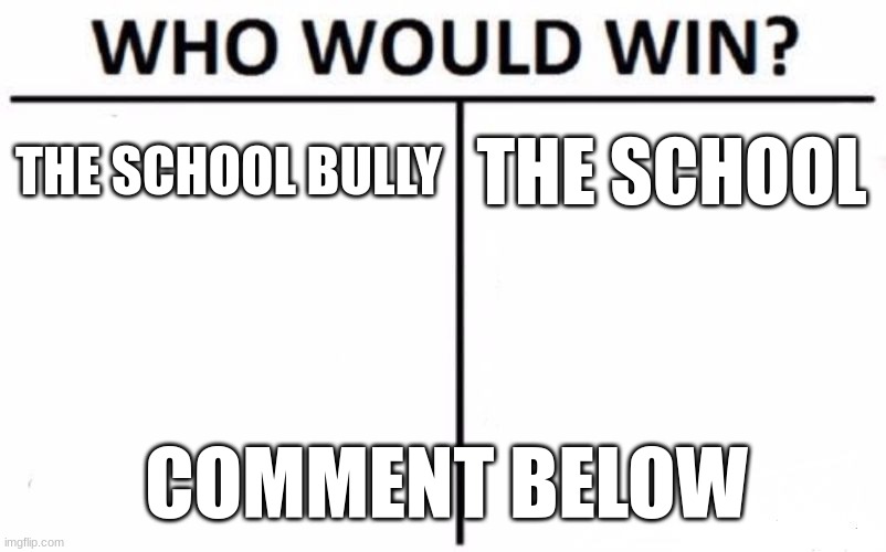Who Would Win? | THE SCHOOL BULLY; THE SCHOOL; COMMENT BELOW | image tagged in memes,who would win | made w/ Imgflip meme maker